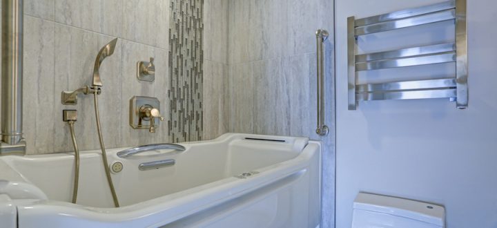 Contemporary bathroom design with hot tub Walk-in Bathtub Contemporary bathroom design boasts a luxury hot tub Walk-in Bathtub flanked by subway tiled interior accented with wide glass mosaic tiled vertical stripe